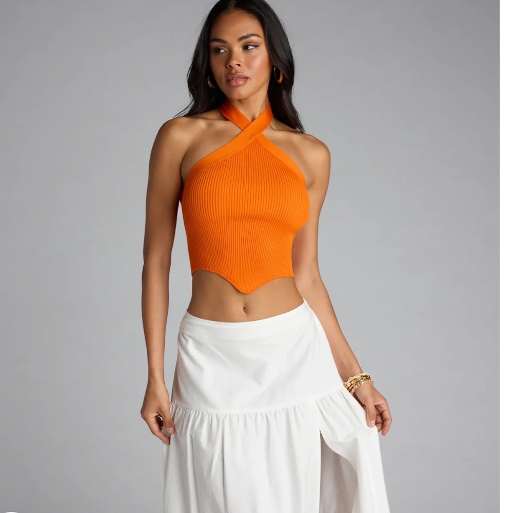 Y2K Style NWT Windsor Bright Orange Rib Knit Halter Crop Top Size Large